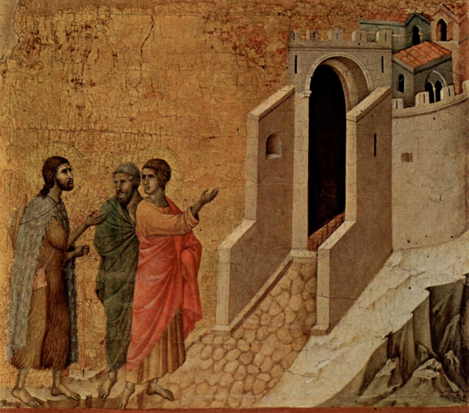Christ walking beside two disciples on the road to Emmaus in Duccio’s painted panel